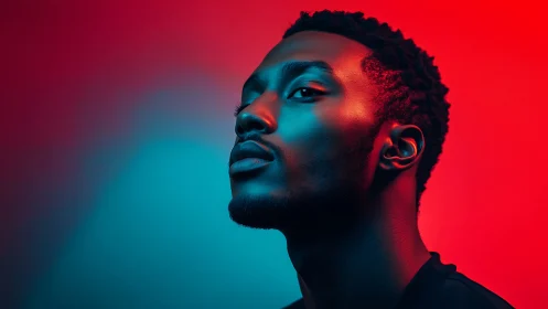 Side-profile male portrait in dual red and blue lighting.