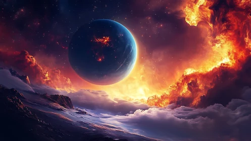 Molten cosmic horizon with luminous eclipsed planet.