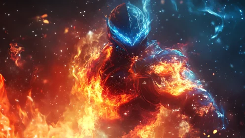 Elemental armored warrior engulfed in dynamic blue fire.