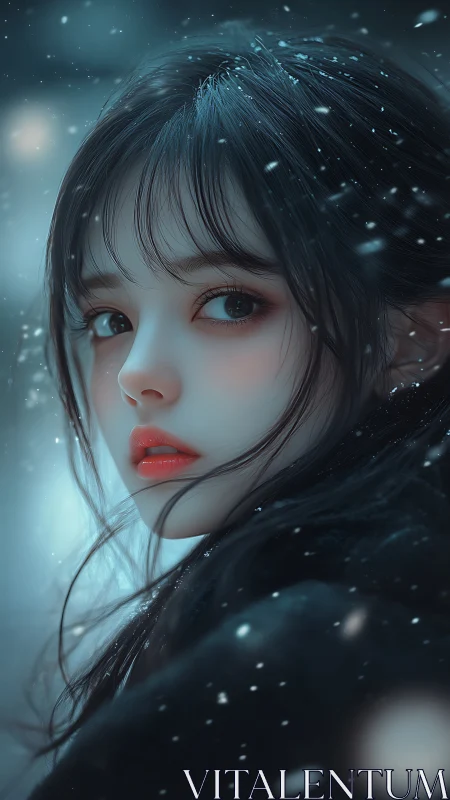 Snowlit gaze of a winter muse in shimmering blue hush.