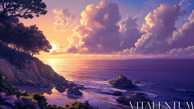 Sunset-tinted cliffs cradle a lavender and gold ocean hush.