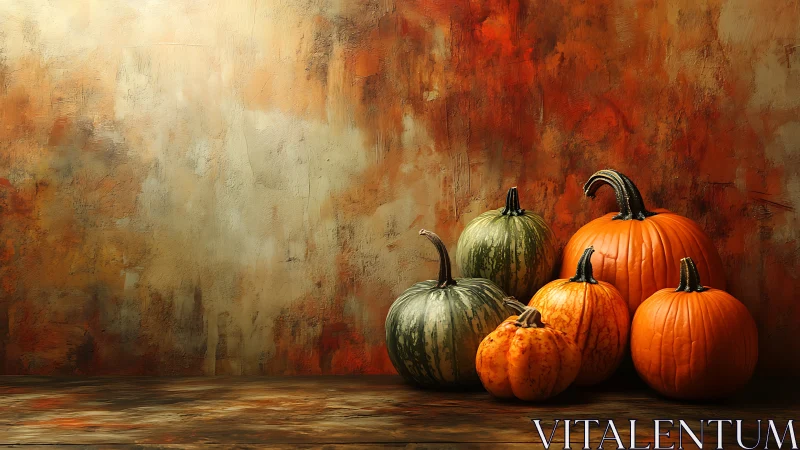 Assorted pumpkins arranged against textured painted wall.