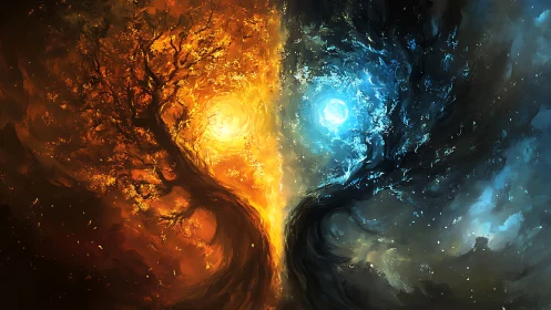 Dual elemental trees merge fire and ice in cosmic vortex.