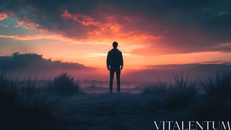 Silhouetted figure faces blazing coastal sunset horizon