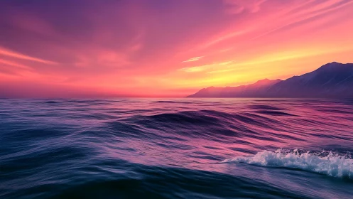 Sunset-illuminated ocean swells before distant coastal mountains