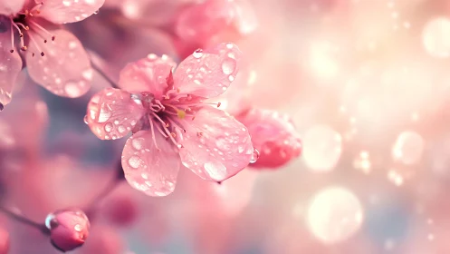 Pink Flowers with Water Droplets and Soft Bokeh Background