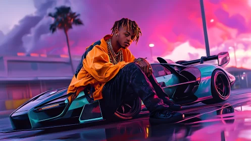 Neon dusk rider lounging beside hyperchrome street rocket.