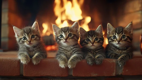 Four Curious Kittens by the Fireplace.
