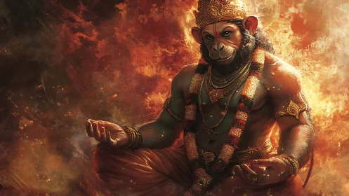 Fiery simian deity meditates within swirling molten light