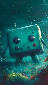 Boxy teal robot walking through rainy forest path.