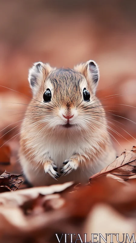 Small rodent stands upright on autumn leaves in soft focus