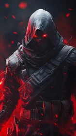 Hooded armored figure with glowing eyes in red lighting.