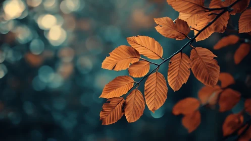 Autumn orange leaves on branch with soft bokeh background, nature photo.