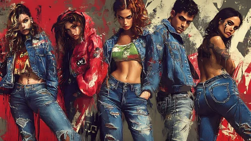 Bold denim crew stands strong in a vivid urban street scene