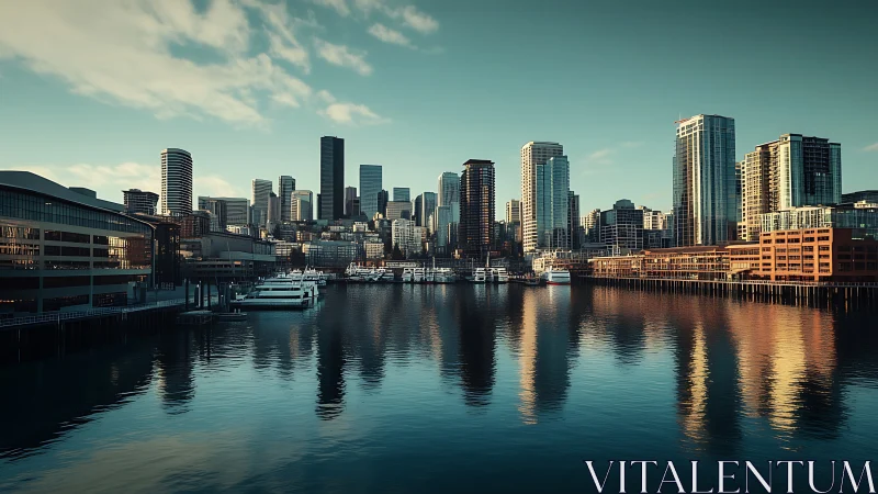 Waterfront skyline reflections under warm urban sunset glow.