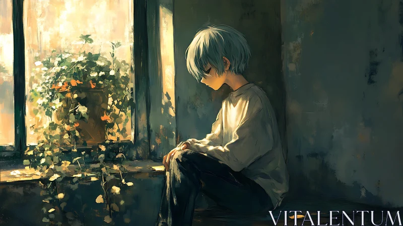 Melancholic youth in rim-lit window alcove, painterly detail.