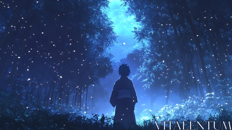 Quiet night wanderer in a glowing blue forest of wonder.