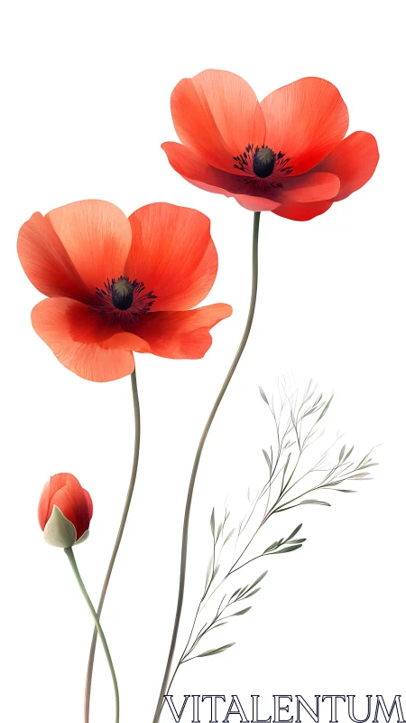 Red poppies with unopened bud and delicate grass stems.
