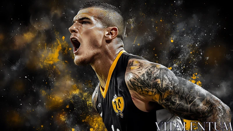 Tattooed athlete roars amid explosive black and gold energy