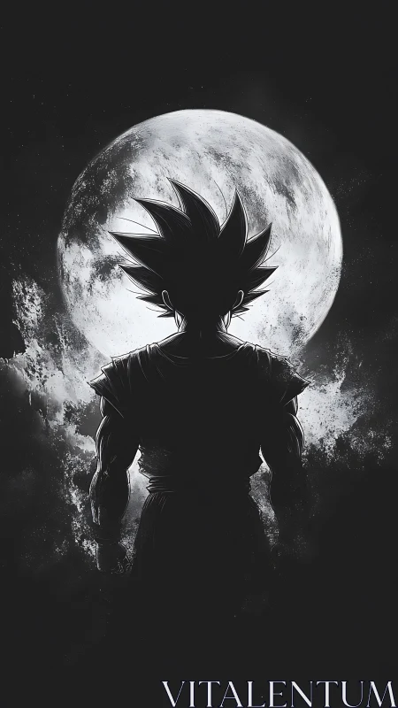Anime warrior silhouette stands defiant beneath luminous moon