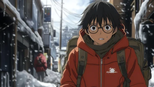Young traveler walks through a snowy alley in quiet shock