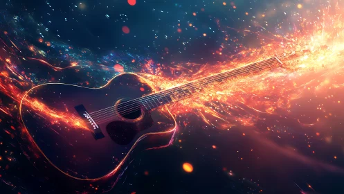 Fiery acoustic guitar streaks through glowing cosmic sparks.