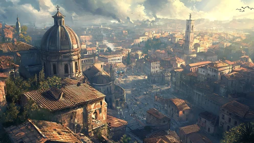 Panoramic digital painting of sunlit domed Mediterranean cityscape