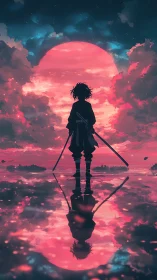 Lone swordsman confronts a blazing cosmic sunset horizon