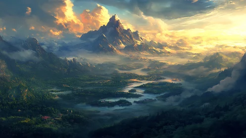 Sunlit summit crowns a mist-laced emerald fantasy valley.
