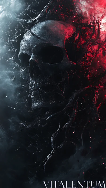 Monochrome skull in red nebular smoke with organic tendrils