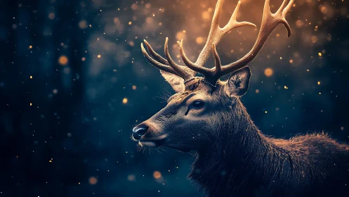 Stag stands in side profile under warm backlit particles