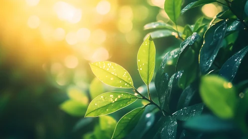 Morning droplets turn green leaves into tiny glass lanterns