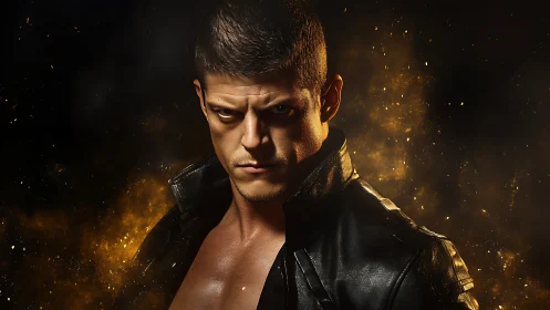 Brooding man in leather jacket framed by fiery golden haze.