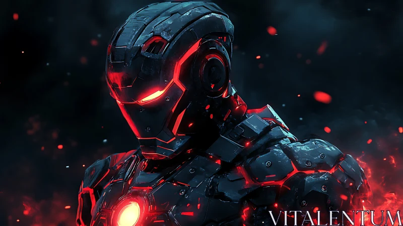 Cybernetic exosuit portrait in neon red emissive armor design.