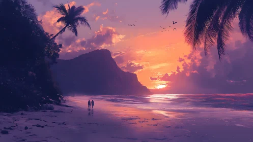 Romantic couple walks along a vivid tropical sunset shore.