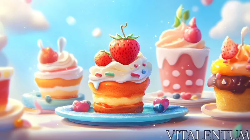 Whimsical Strawberry Cake Tower with Pastel Gradient Backdrop.