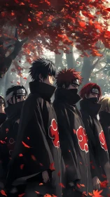 Anime figures stand in forest under dense red foliage