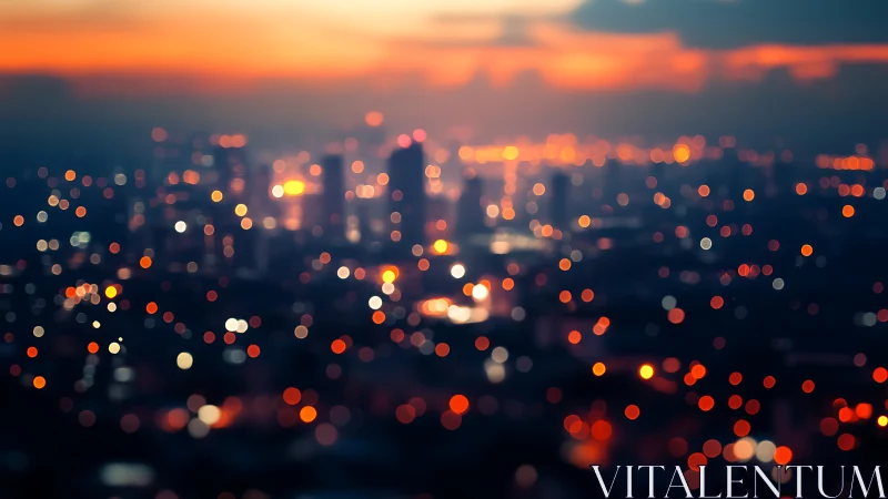 Soft city lights glowing warmly beneath a dreamy sunset sky.