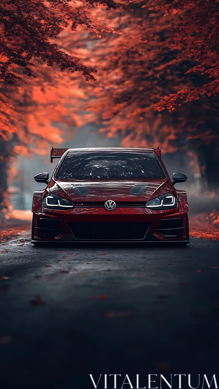 Lowered red Volkswagen races through a fiery autumn tunnel