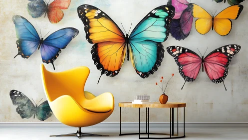 Vibrant butterfly mural enlivens a modern yellow lounge chair