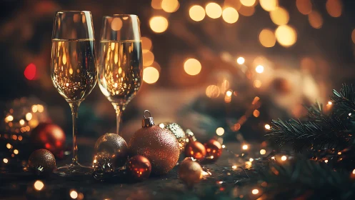 Festive champagne flutes beside warm bokeh holiday lights.