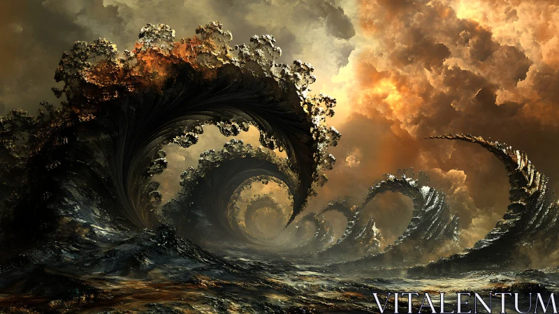 Fractal storm waves curl beneath burning turbulent sky.