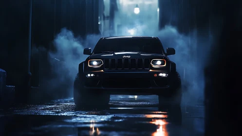 Midnight Jeep prowl in rain-slick neon alleyway hush.