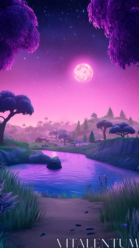 Vibrant moonlit river valley under a purple fantasy sky.