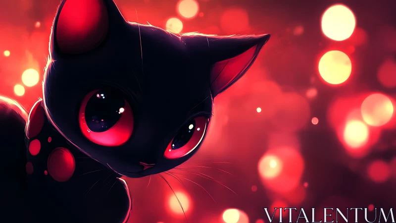 Black cat with luminous red eyes against bokeh background.
