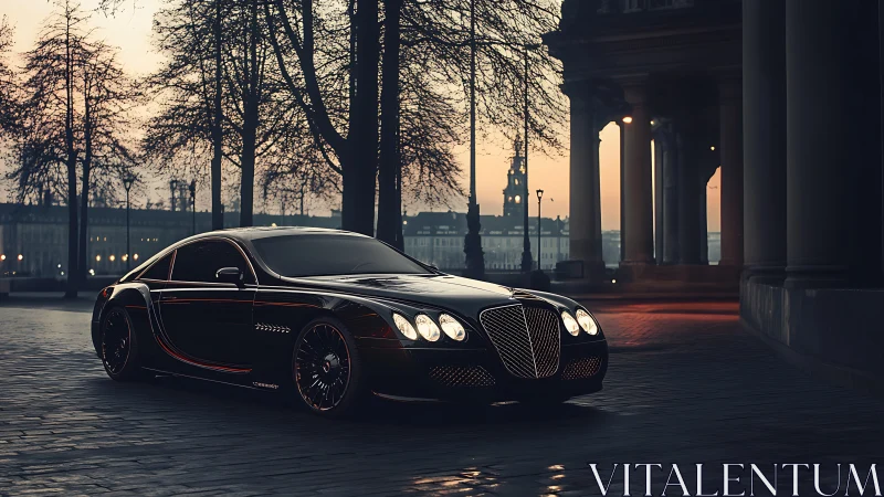 Midnight luxury coupe on cobblestone city boulevard.