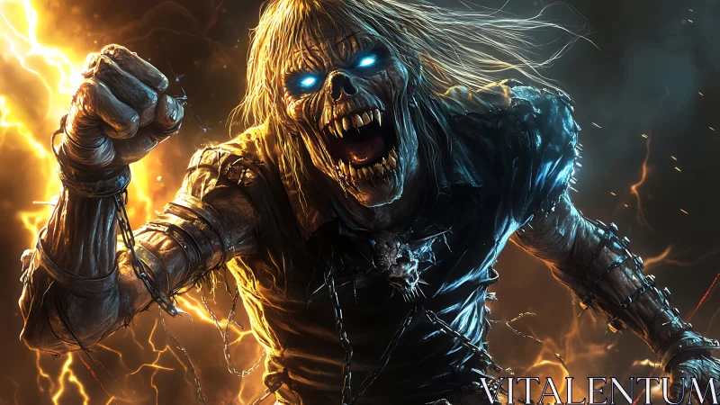 Electrifying skeletal warrior roaring in a storm of power.