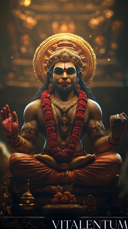 Photorealistic seated Hanuman idol with garlands and halo