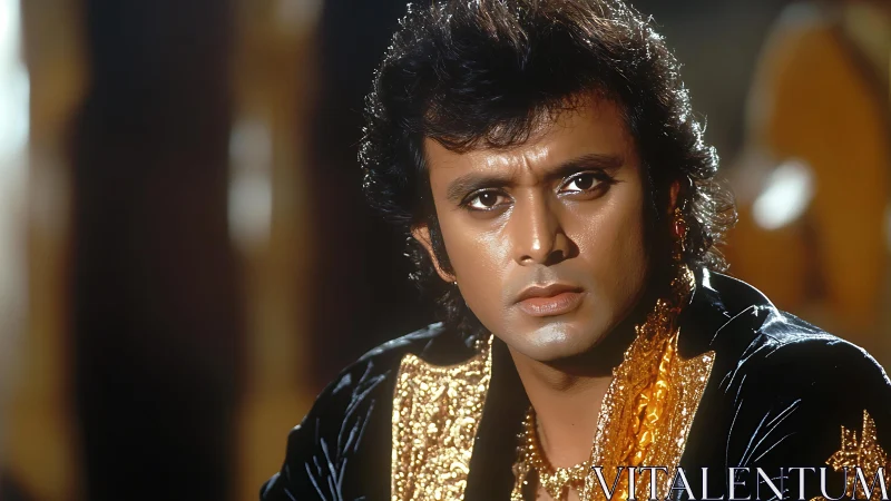 Regal man in velvet jacket gazes with intense expression.