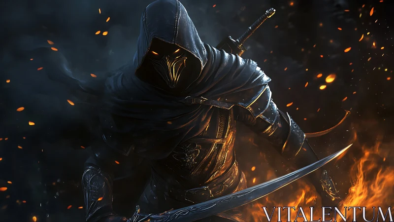Hooded assassin with flaming blade in dark battle scene.